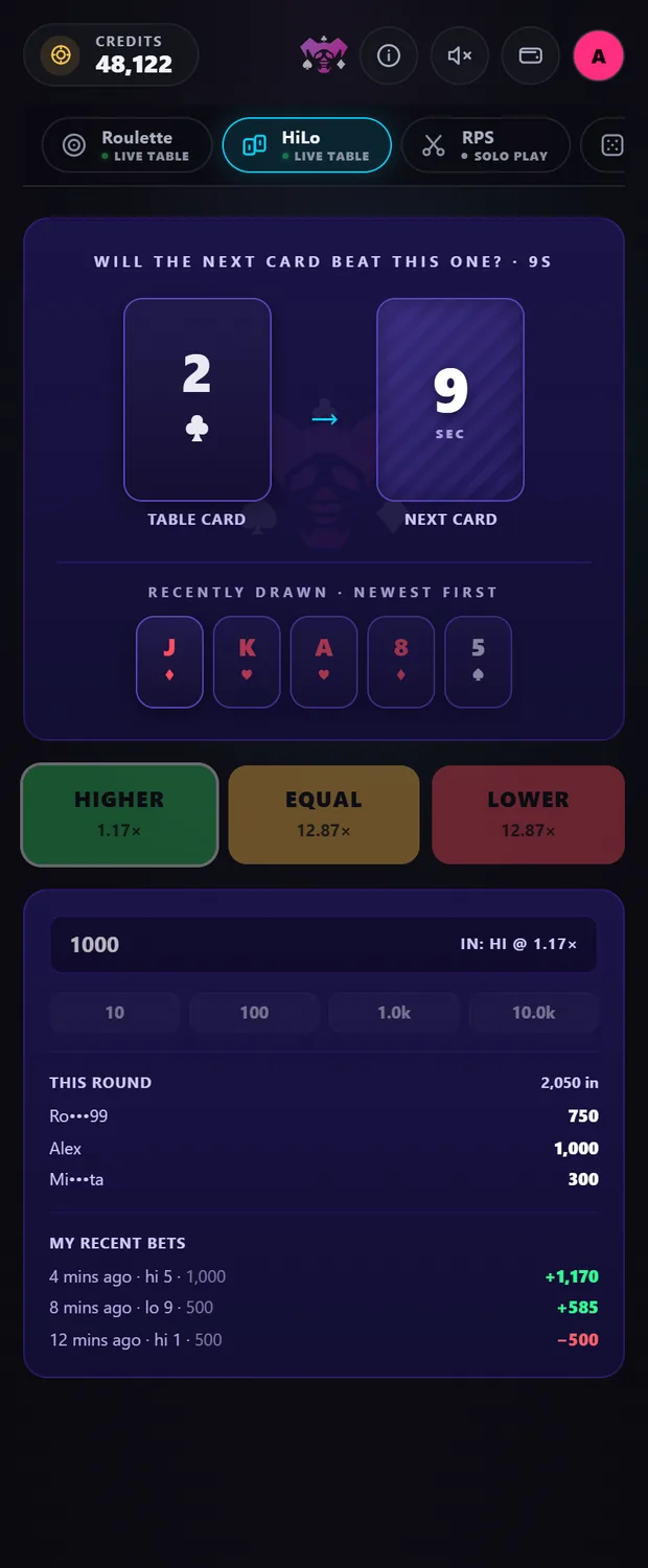 HiLo — the table card and higher, equal or lower at their odds.