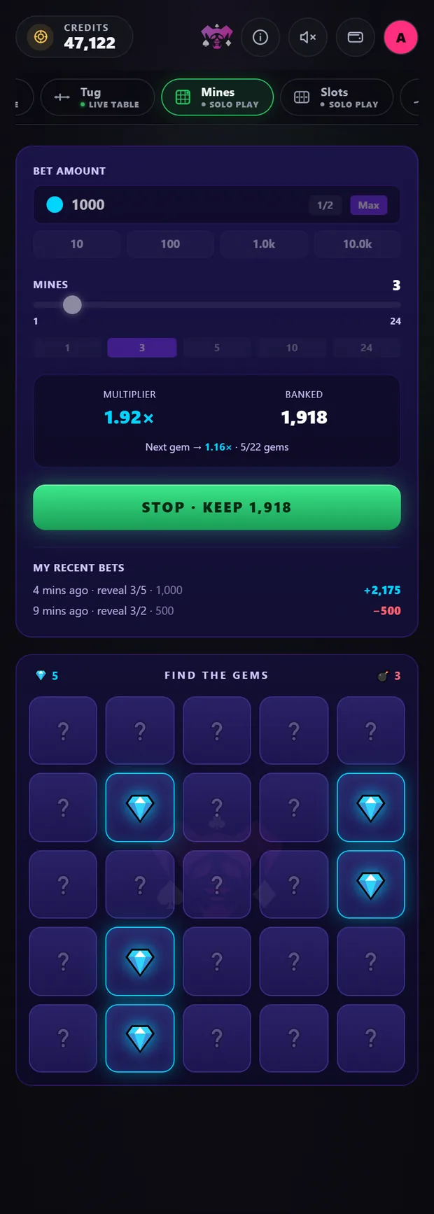 Mines — five gems found on a three-mine board.